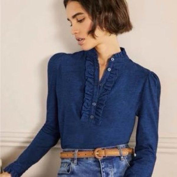 Boden Tops - Boden Navy Ruffled Front Button 100% Cotton Blouse US 6 (Small)